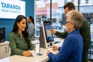 Local residents completing secure money transfers in Taranda