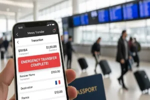 Teléfono mostrando transferencia rápida de dinero de emergencia al extranjero.