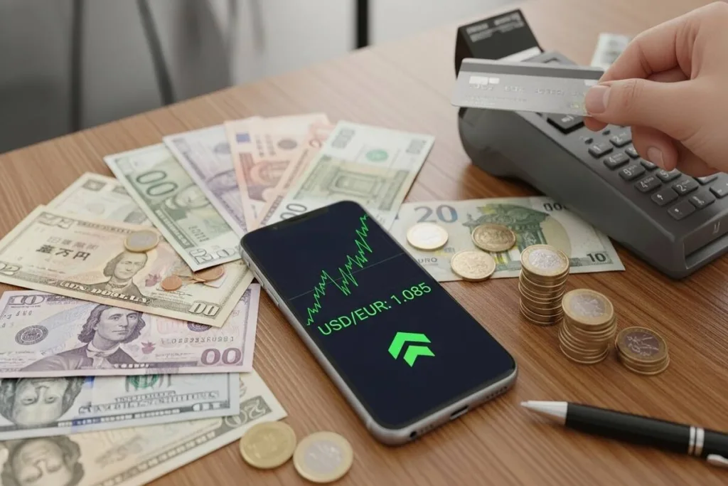 Smartphone mostrando los tipos de cambio para métodos de transferencia de dinero.