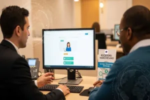 Personal que ayuda a los clientes de Money Transfer en Rockford Marchesano