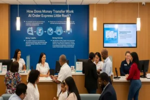 Proceso de transferencia de dinero en el mostrador de Order Express en Little Rock