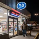 24-hour store entrance displaying Money Order services at night.