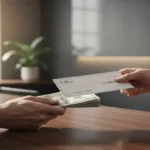 Check cashing transaction with hands exchanging cash and settlement check.