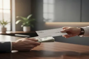 Check cashing transaction with hands exchanging cash and settlement check.