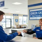 Clerk assisting customer with Money Order inside check cashing center.