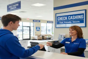 Clerk assisting customer with Money Order inside check cashing center.