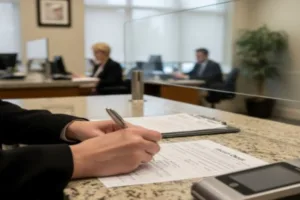 Customer fills out Money Order paperwork inside a financial office.