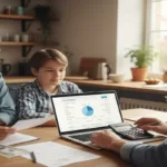 Family discussing monthly expenses at kitchen table.