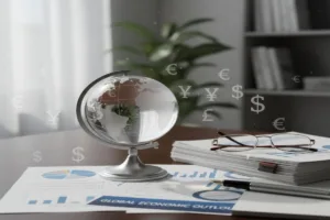 Globe and financial charts symbolizing global Money Transfer trends.