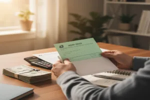 Hands placing Money Order into envelope during financial planning.