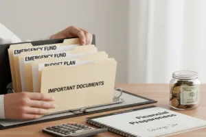 Organized folders for budgeting and Money Order emergency planning.