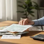 Person organizing Money Order and cash while preparing debt payments.