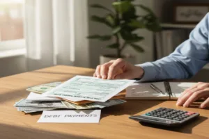 Person organizing Money Order and cash while preparing debt payments.