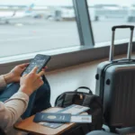 Traveler using smartphone for secure Money Transfer while waiting at airport.