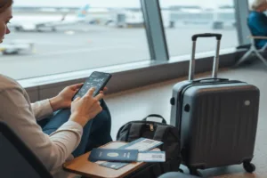 Traveler using smartphone for secure Money Transfer while waiting at airport.