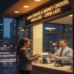 Woman at counter completing Check Cashing transaction during nighttime.