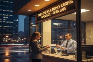 Woman at counter completing Check Cashing transaction during nighttime.