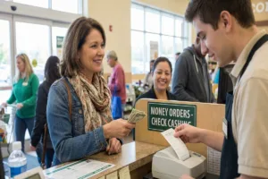 Woman purchasing a Money Order at store service counter.