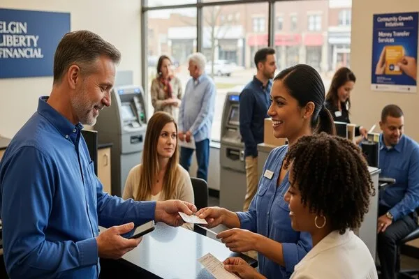 Customers receiving money transfer help in Elgin Liberty