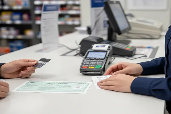 Cliente que compra un giro postal con tarjeta en el mostrador de la tienda.
