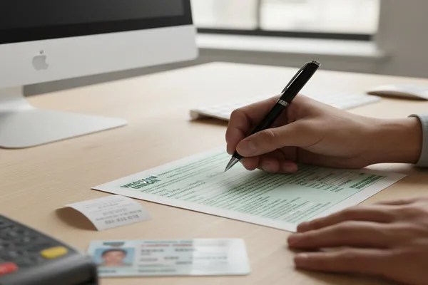Manos sosteniendo un giro postal y un recibo en el mostrador de servicio.