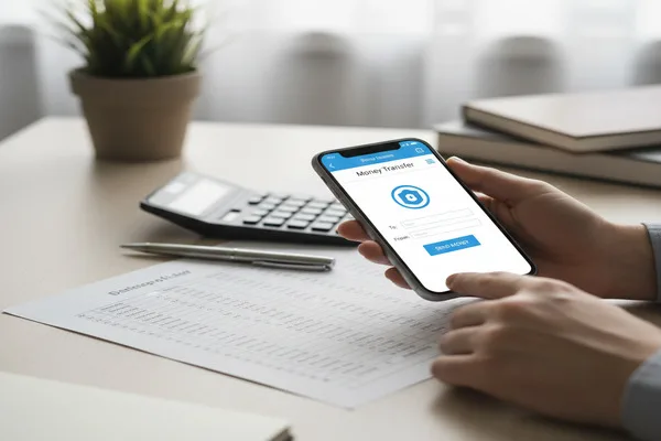 Manos sosteniendo un teléfono inteligente que muestra la pantalla de transferencia de dinero.
