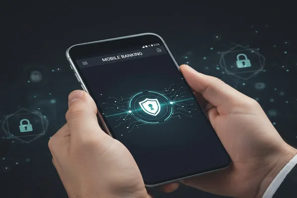 Hands holding smartphone showing secure Money Transfer mobile banking screen.