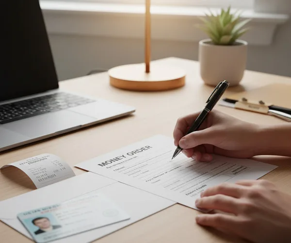 Hands writing Money Order details beside ID and laptop.
