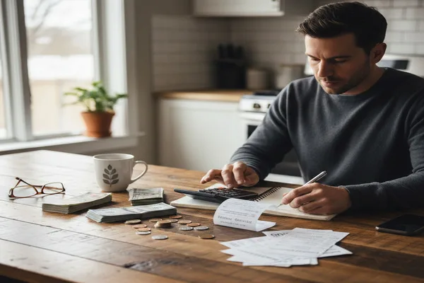 Man budgeting at table with cash, receipts, and Money Order.
