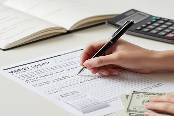 Person completing a Money Order form beside calculator and notebook.