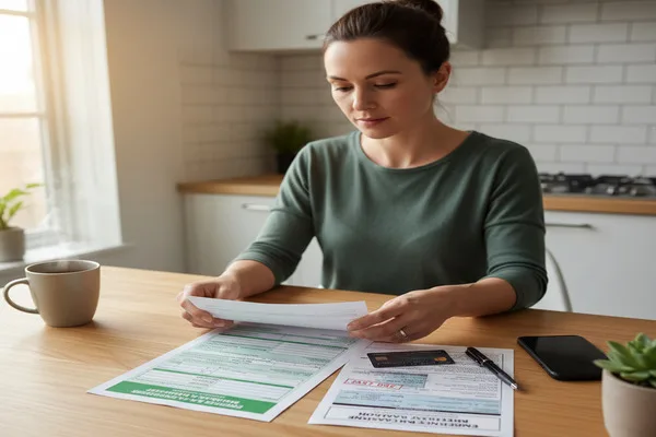 Mujer revisando documentos de giros postales en una mesa de cocina.

