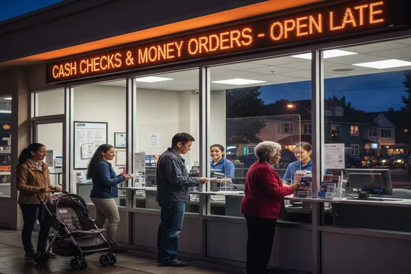 Customers waiting at late-night Check Cashing service counter with staff.
