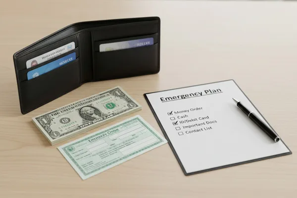 Desk displaying Money Order, cash, wallet, and emergency plan.