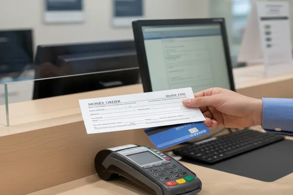 Mano sosteniendo un giro postal mientras se prepara el pago con tarjeta en la caja.
