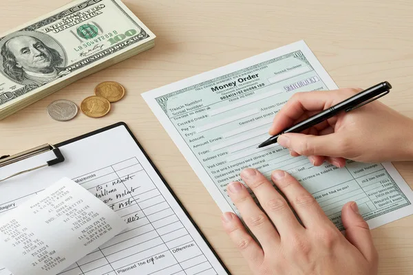 Hands filling out Money Order form with cash nearby.

