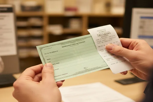 Hands holding a Money Order and receipt at service counter.
