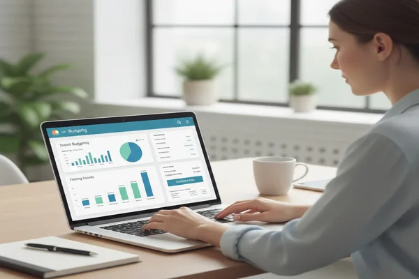 Laptop screen showing financial charts and Money Transfer tools.