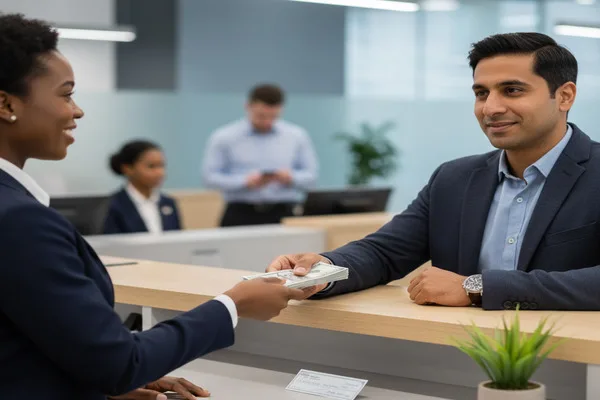 Teller providing cash to client completing check cashing request.