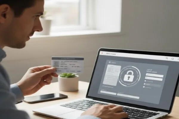 User holding ID while confirming Money Order details on laptop screen.