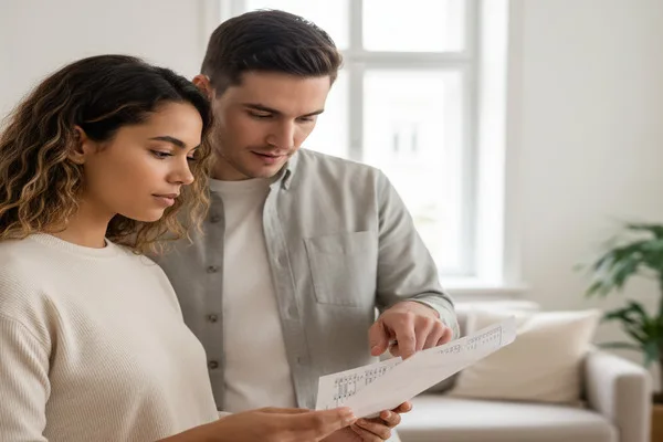 Young couple examining Money Order details while discussing finances.