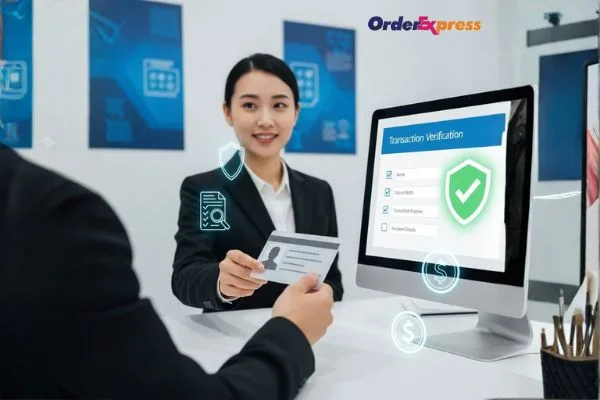 Cajero revisando la identificación del cliente para el giro postal