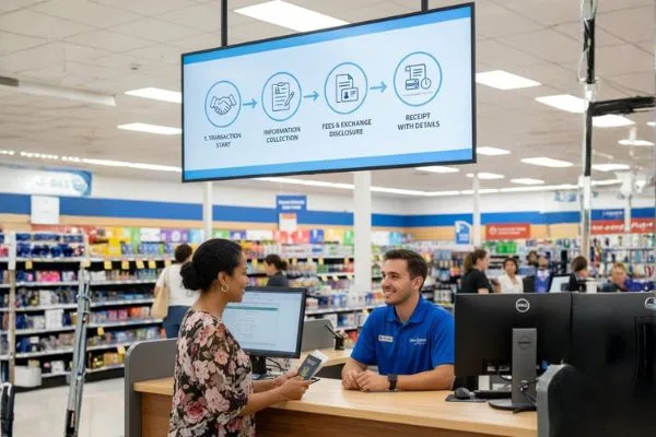 Cliente hablando con el personal durante una transferencia de dinero