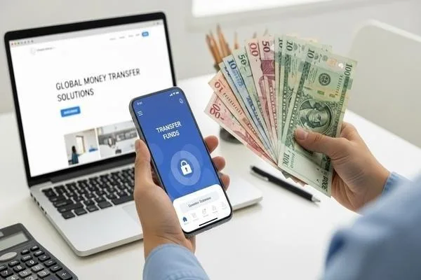 Métodos seguros de transferencia de dinero mostrados con efectivo y una aplicación.