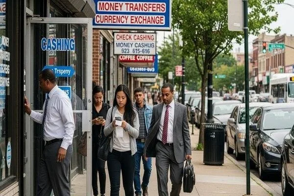 Personas que visitan los servicios de transferencia de dinero en Chicago North Ave