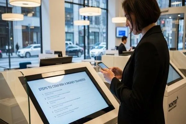 Cliente revisando los pasos para confirmar la transferencia de dinero