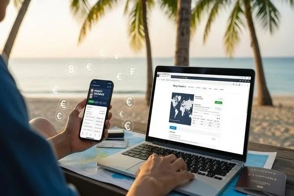 Nómada digital utilizando herramientas de transferencia de dinero globales. 
