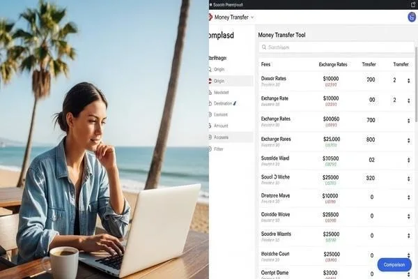 Nómada digital comparando herramientas de transferencia de dinero en línea. 
