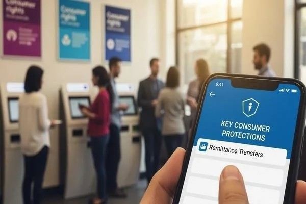Vista móvil que muestra las principales protecciones al consumidor para las transferencias de remesas.
