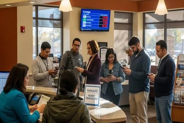 People reviewing details before money transfer in Kankakee
