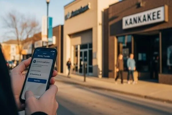 Usuario que completa una transferencia de dinero en Kankakee